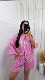 Cheesecloth Pinstripe Shirt and Shorts Co-Ord - PINK