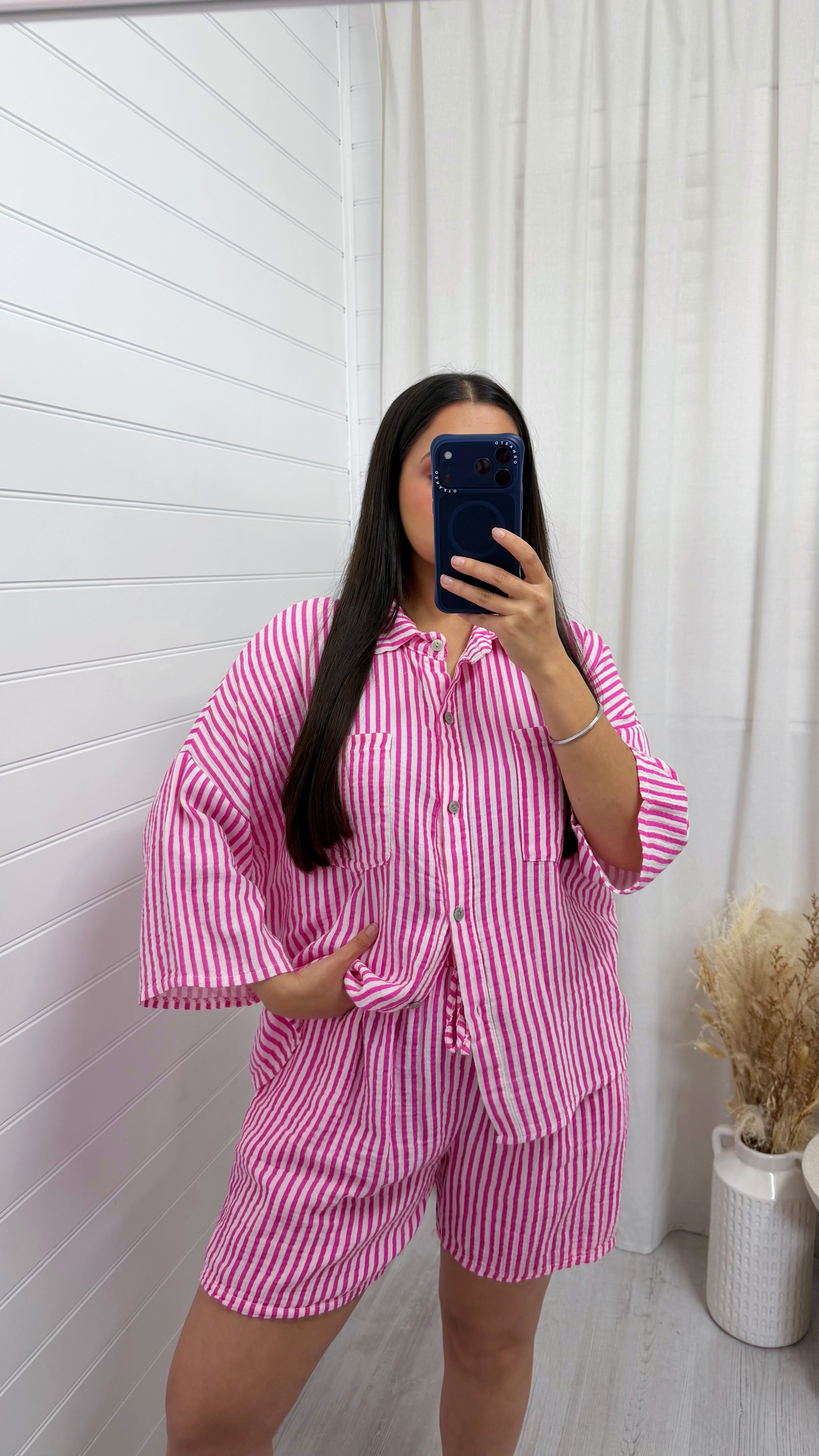 Cheesecloth Pinstripe Shirt and Shorts Co-Ord - PINK