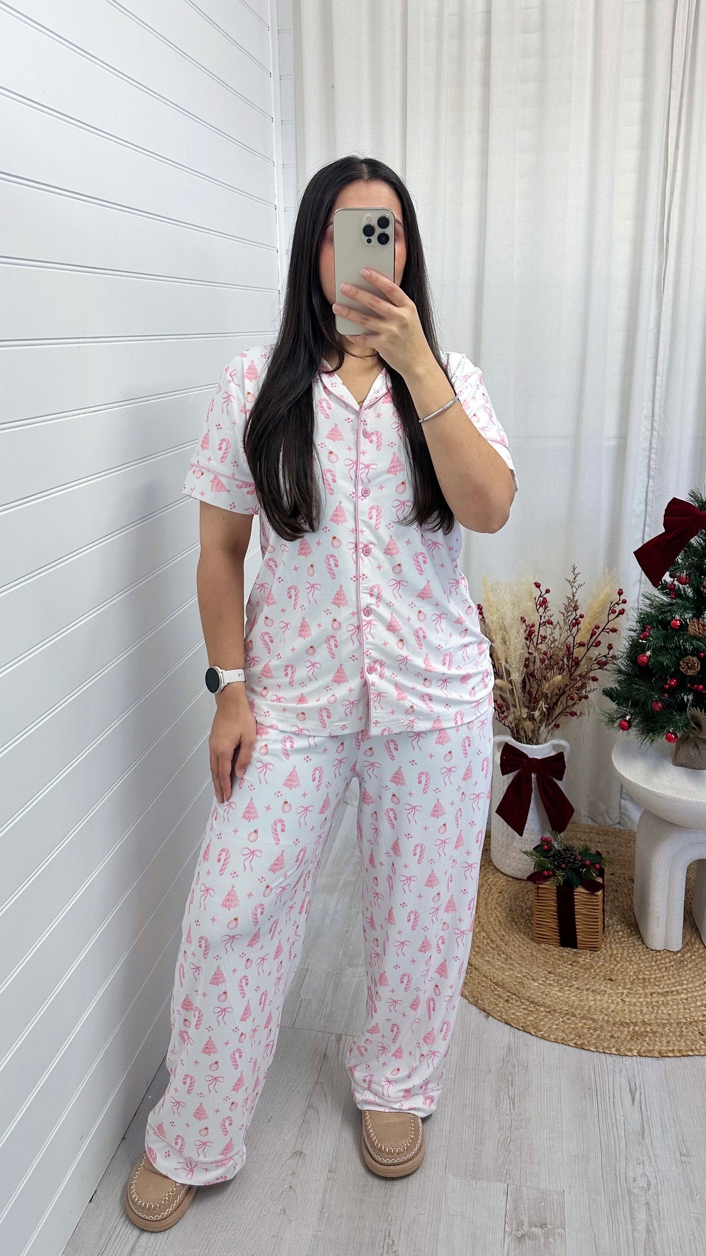Christmas Pattern Pyjama Set - WHITE/PINK