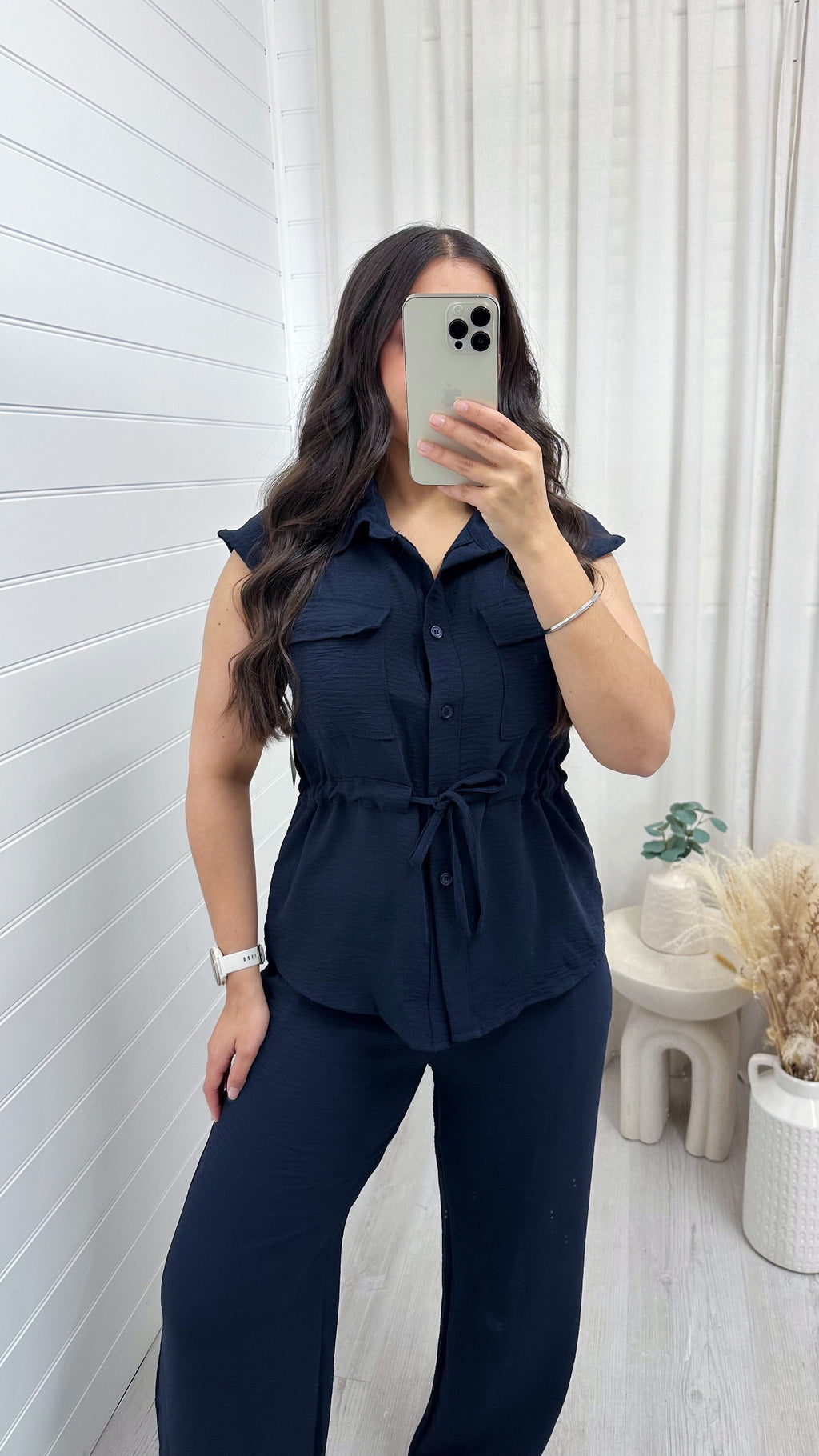 Sleeveless Cinch Shirt and Trousers Co-Ord - NAVY