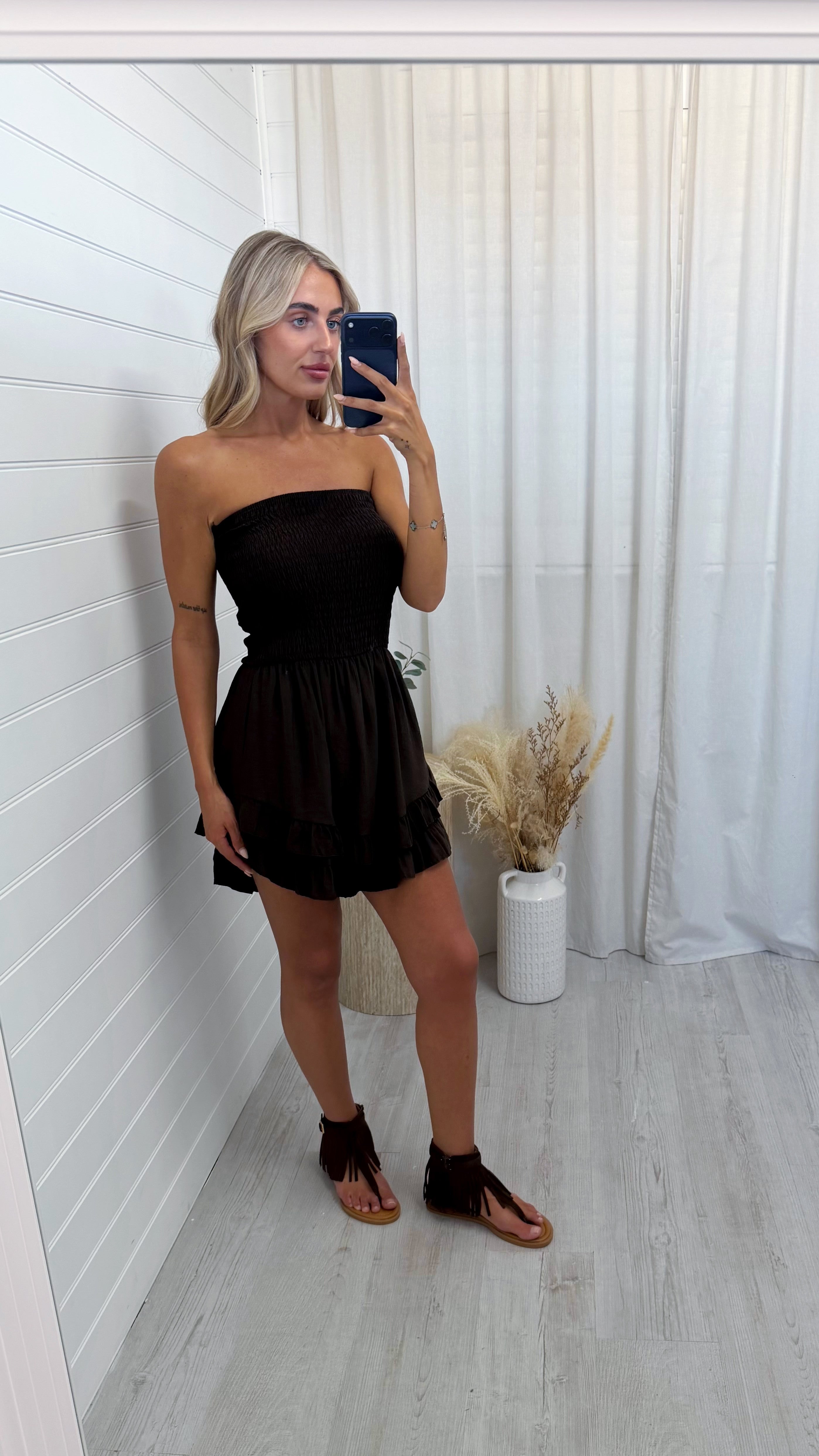 Shirred Bardot Frill Playsuit - BROWN