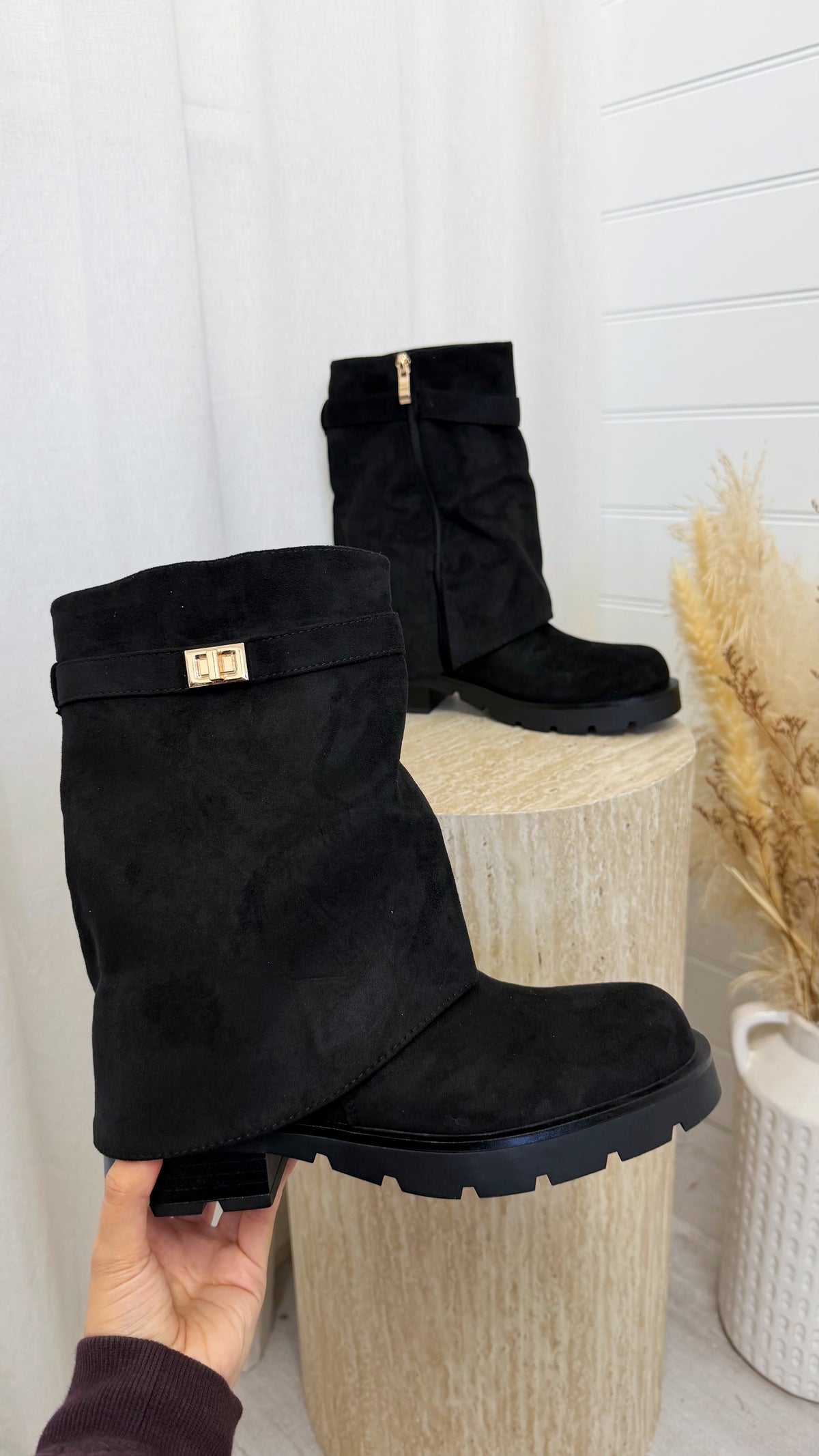 Gold Buckle Fold Over Boots - BLACK