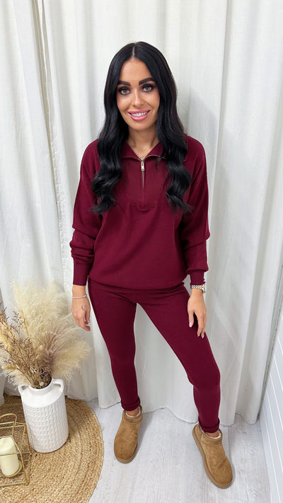 Soft Knit Half Zip Jumper and Leggings Co-Ord - WINE