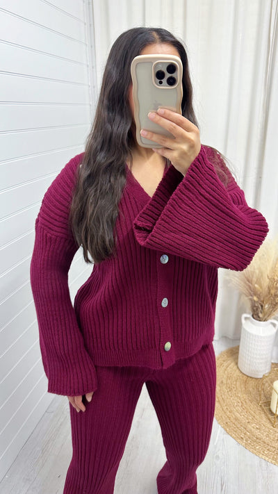 Chunky Knit Cardigan and Flares Co-Ord - WINE