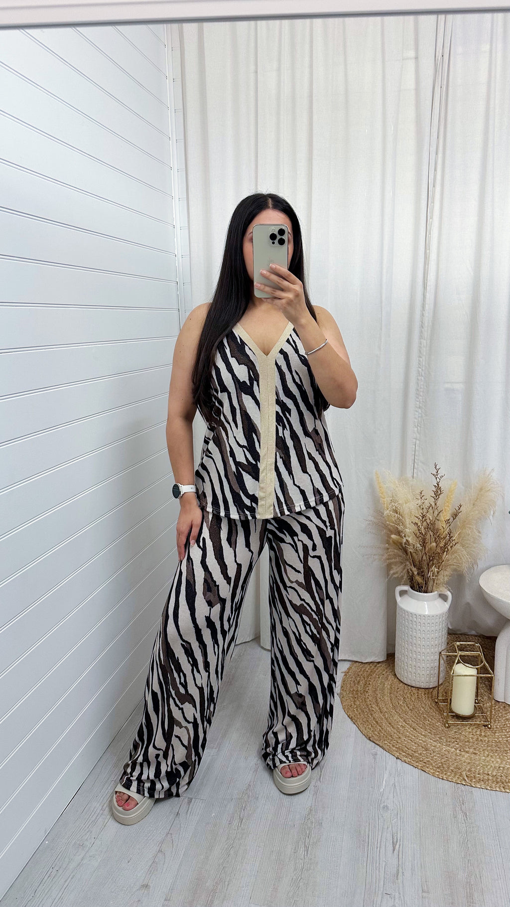 Zig Zag Strappy Vest Top and Wide Leg Trousers Co-Ord - ZEBRA PRINT