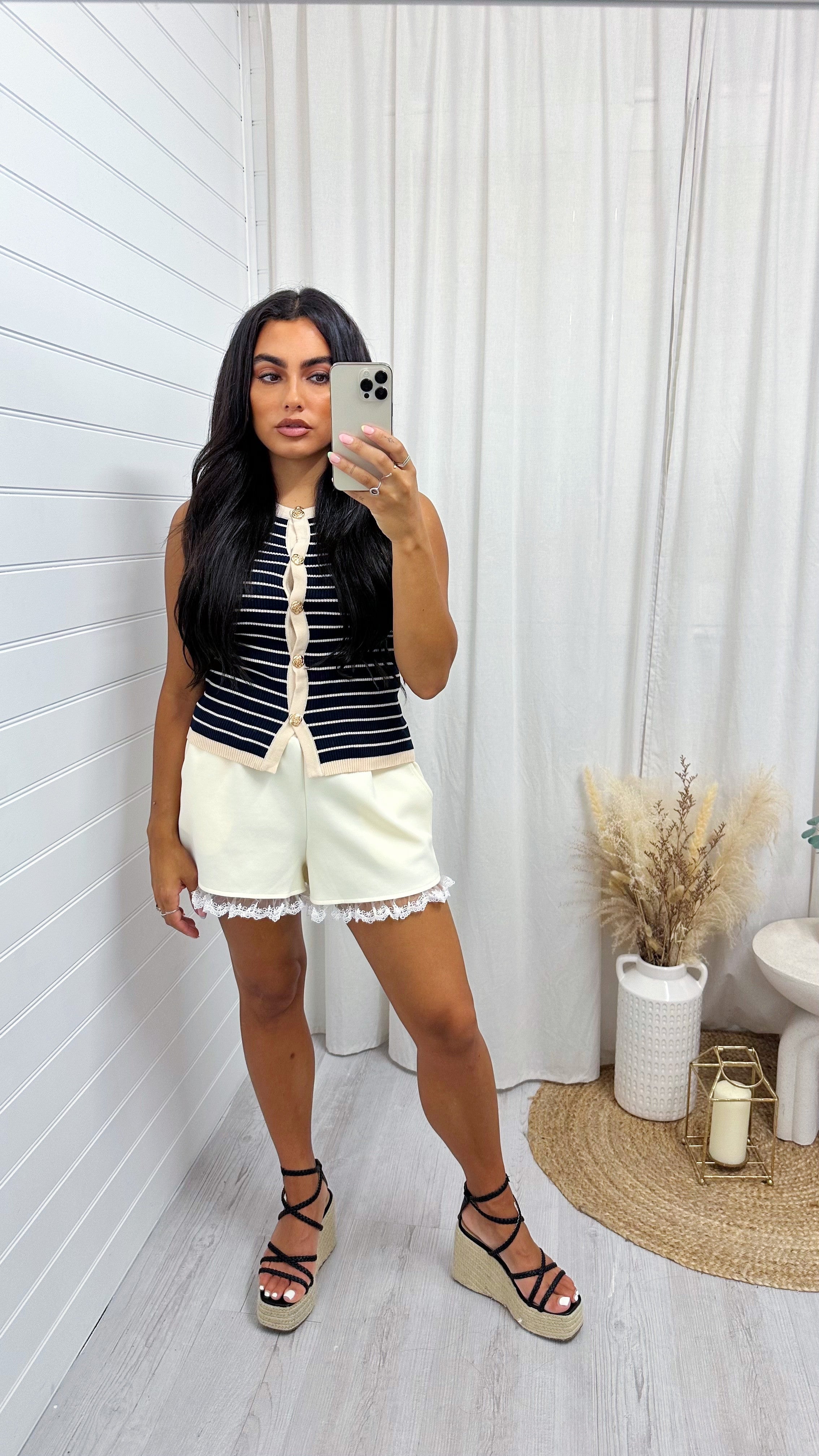 Stripey Gold Button Knitted Waistcoat - NAVY