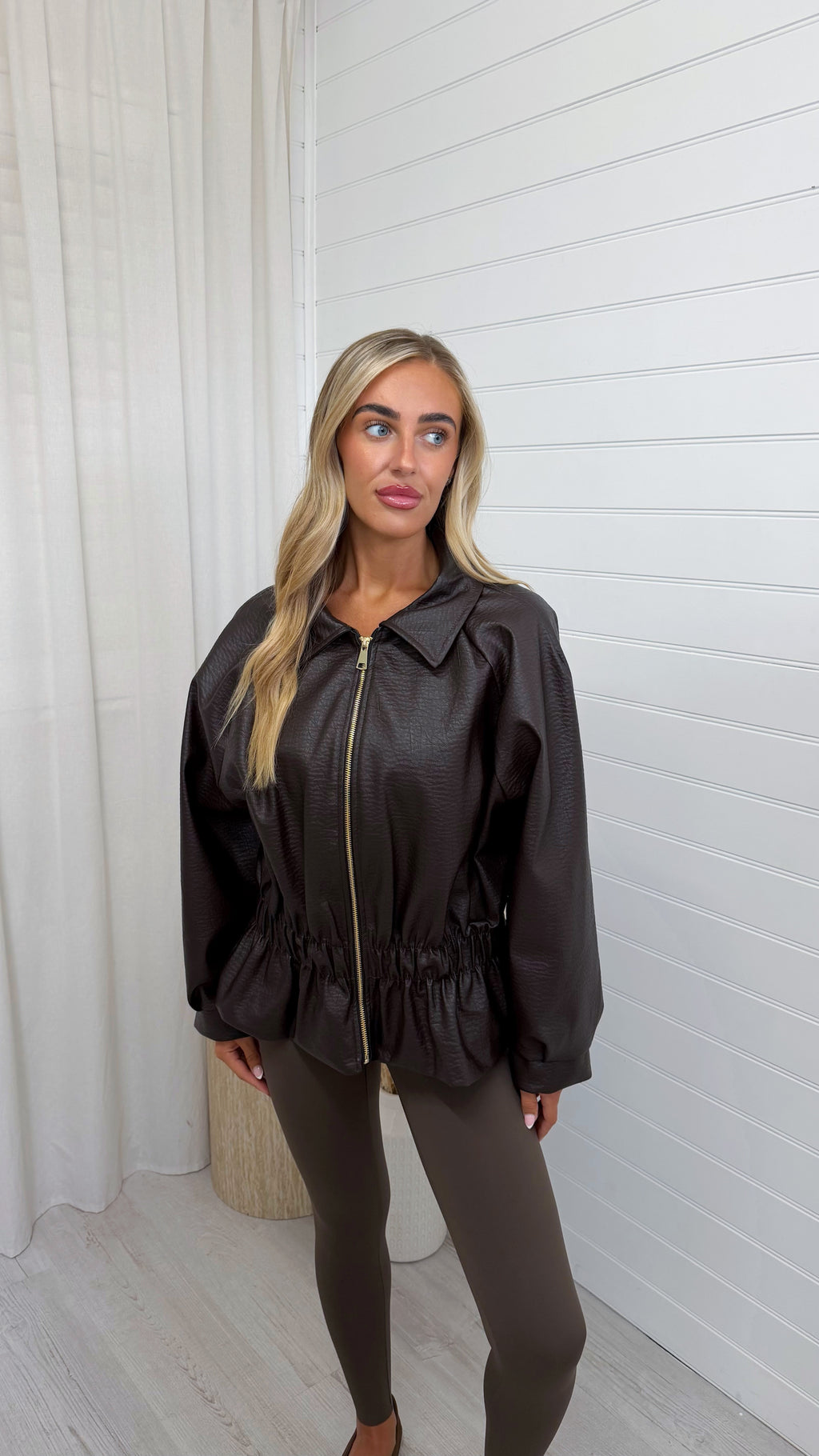 Cinch Waist Peplum Leather Jacket - BROWN