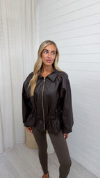 Cinch Waist Peplum Leather Jacket - BROWN