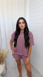 Stripey Knit T-Shirt and Shorts Co-Ord - BURGUNDY