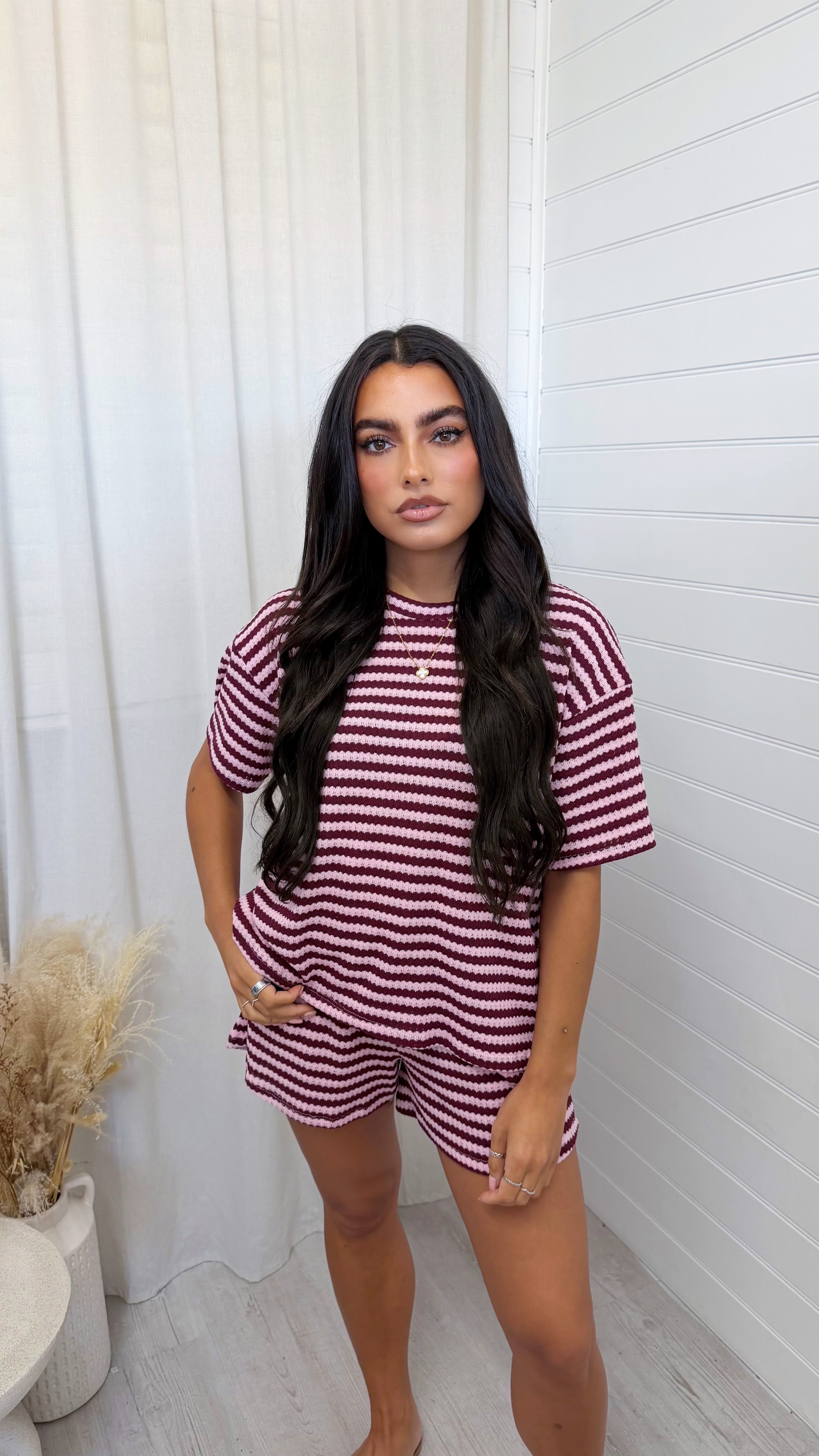 Stripey Knit T-Shirt and Shorts Co-Ord - BURGUNDY