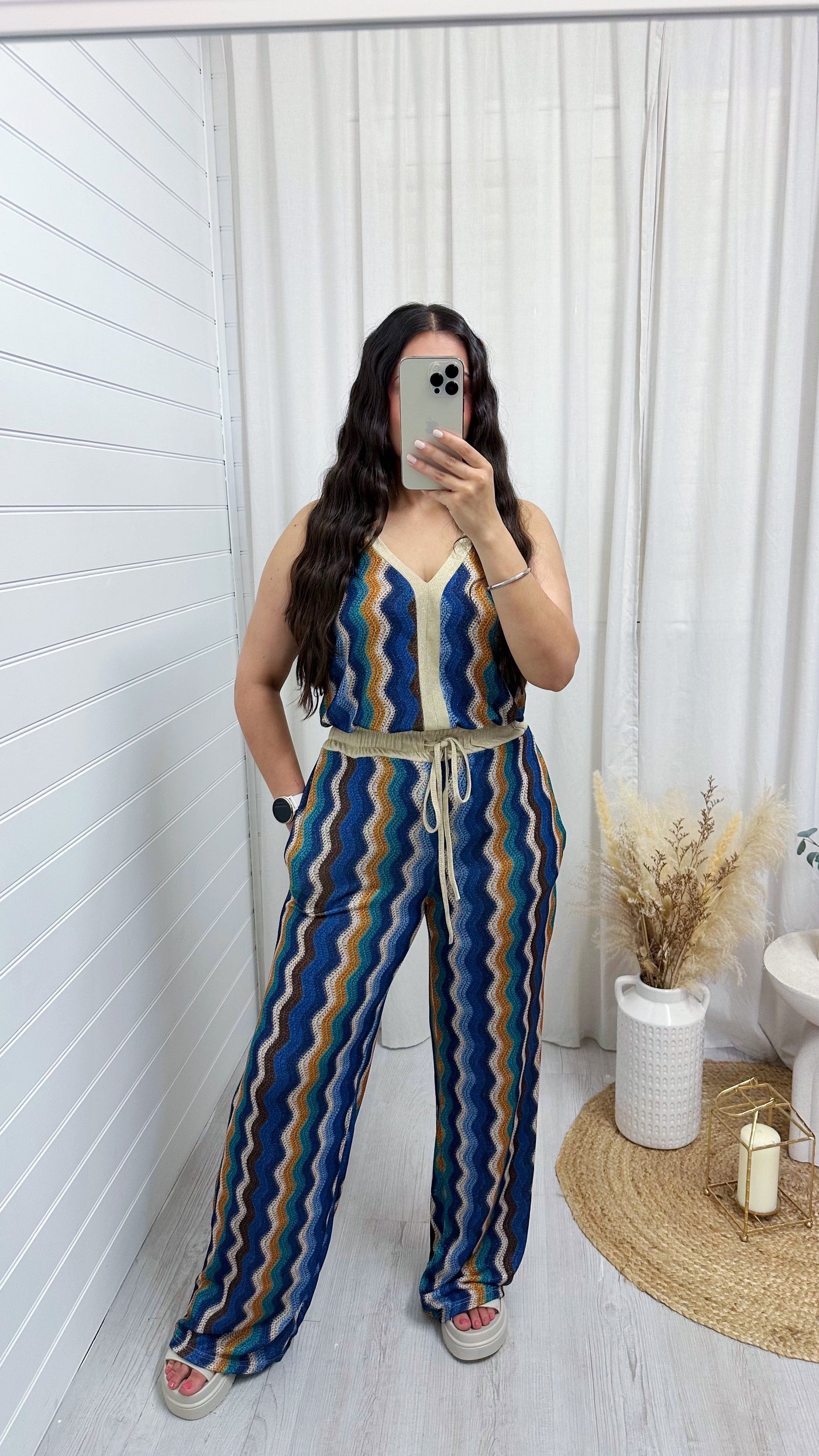 Zig Zag Strappy Vest Top and Wide Leg Trousers Co-Ord - BLUE