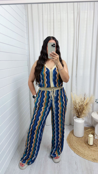 Zig Zag Strappy Vest Top and Wide Leg Trousers Co-Ord - BLUE