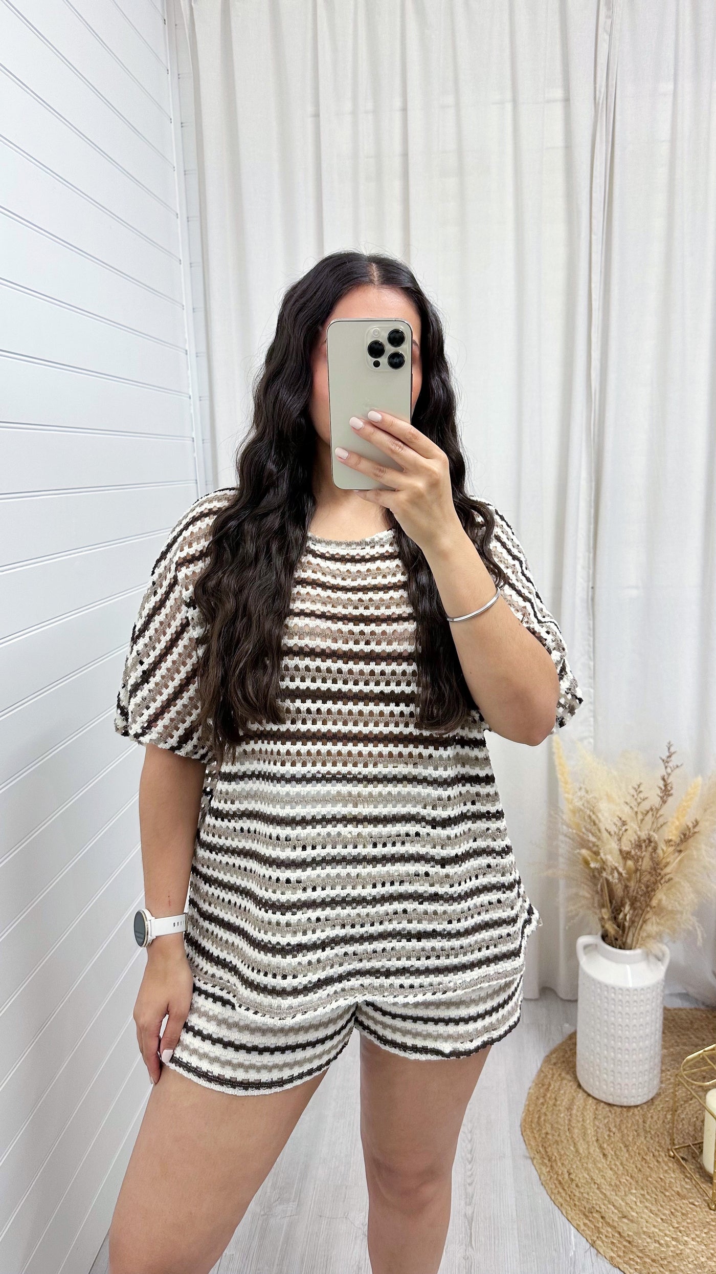 Stripey Mesh T-Shirt and Shorts Co-Ord - BEIGE/BROWN