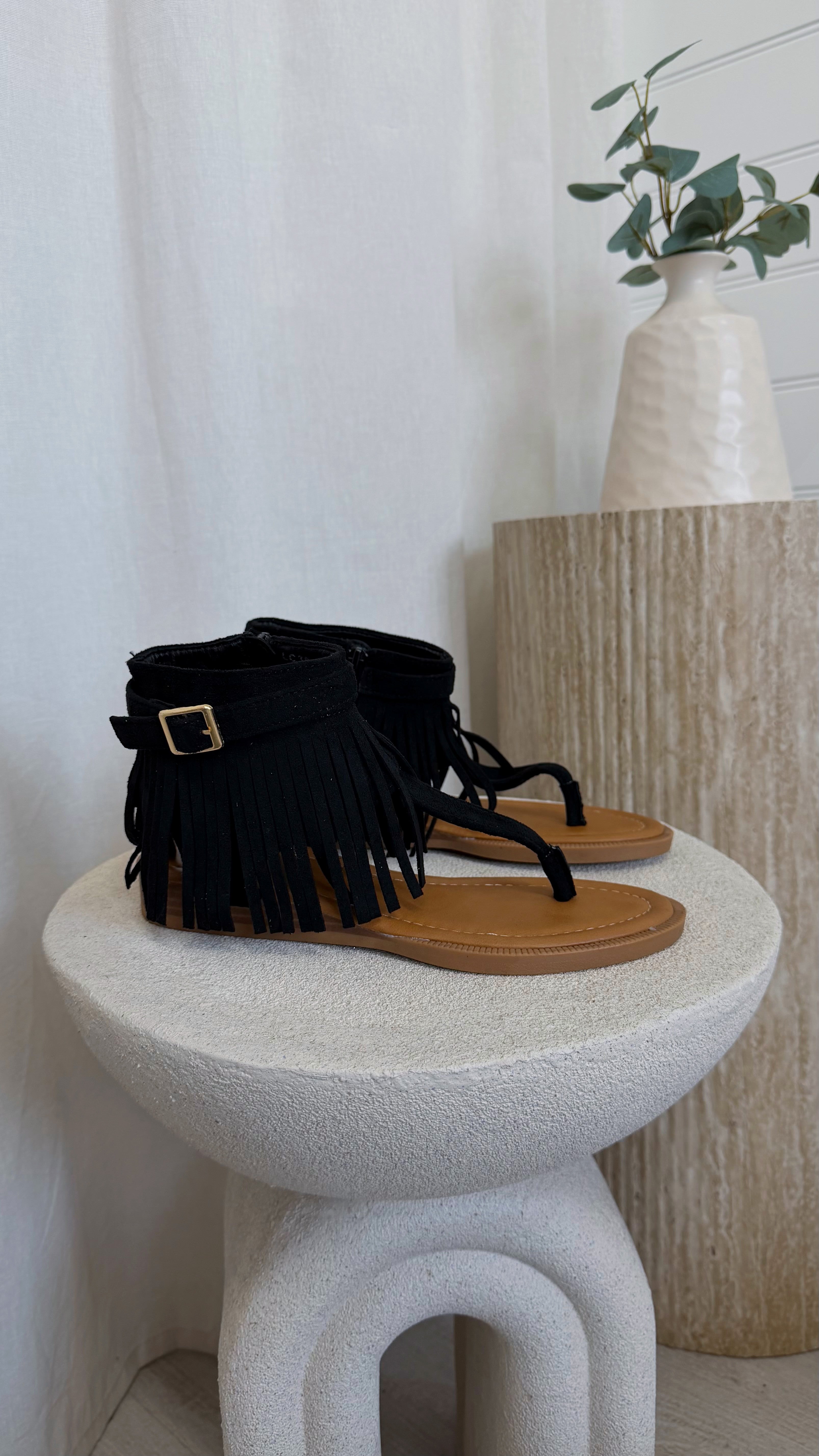 Fringle Ankle Sandals - BLACK