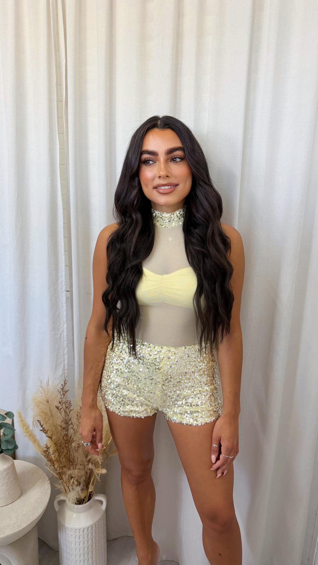 3 Piece Sequin Mesh Bodysuit, Bralette and Shorts Co-Ord - LEMON