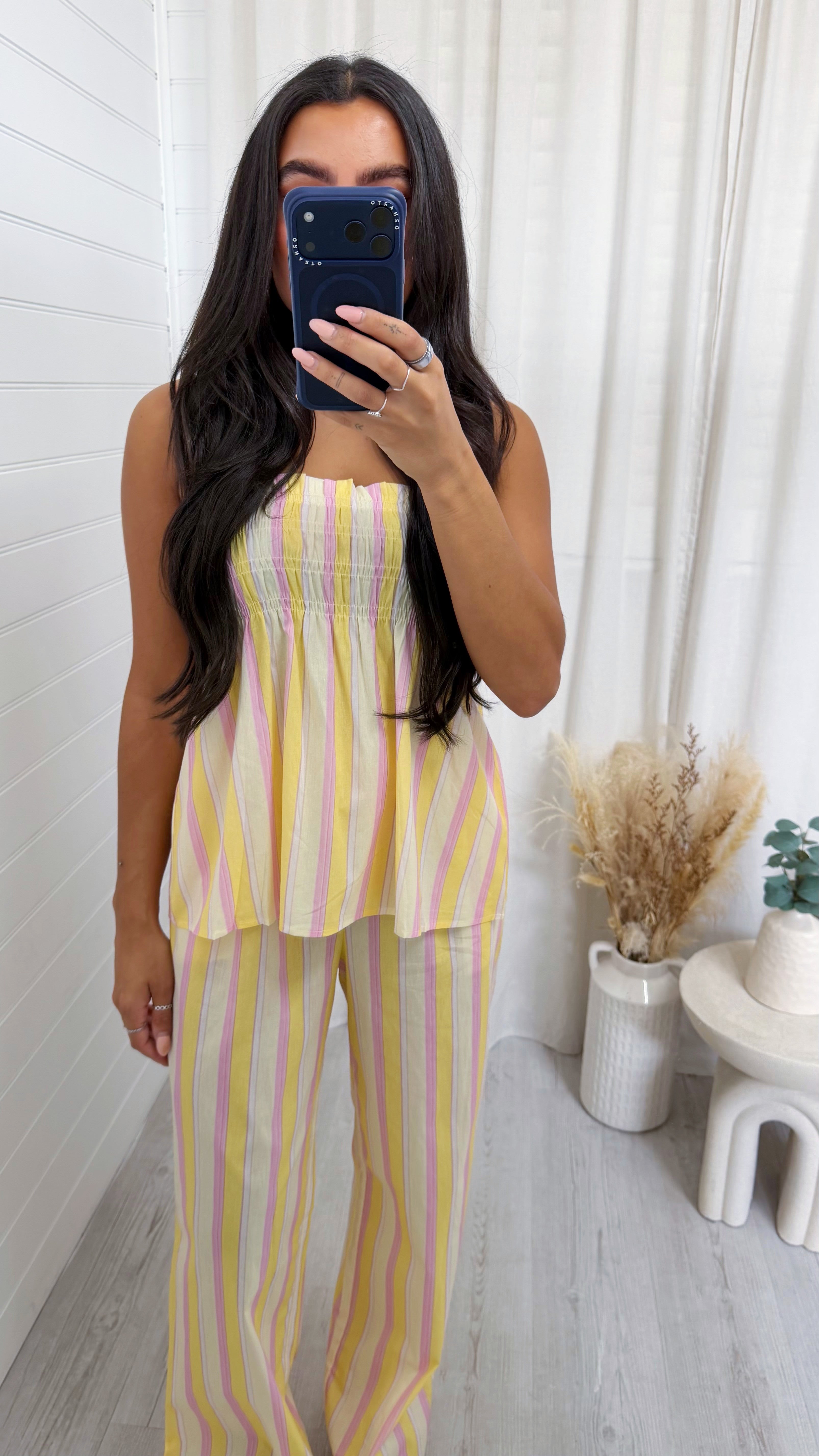 Pastel Stripe Shirred Top and Trousers Co-Ord - LEMON
