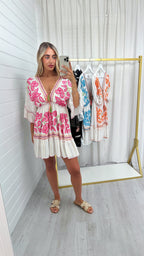 Sequin Floral Boho Dress - PINK