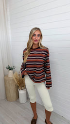Relaxed Long Sleeve Stripe T-Shirt - BURNT ORANGE/BURGUNDY