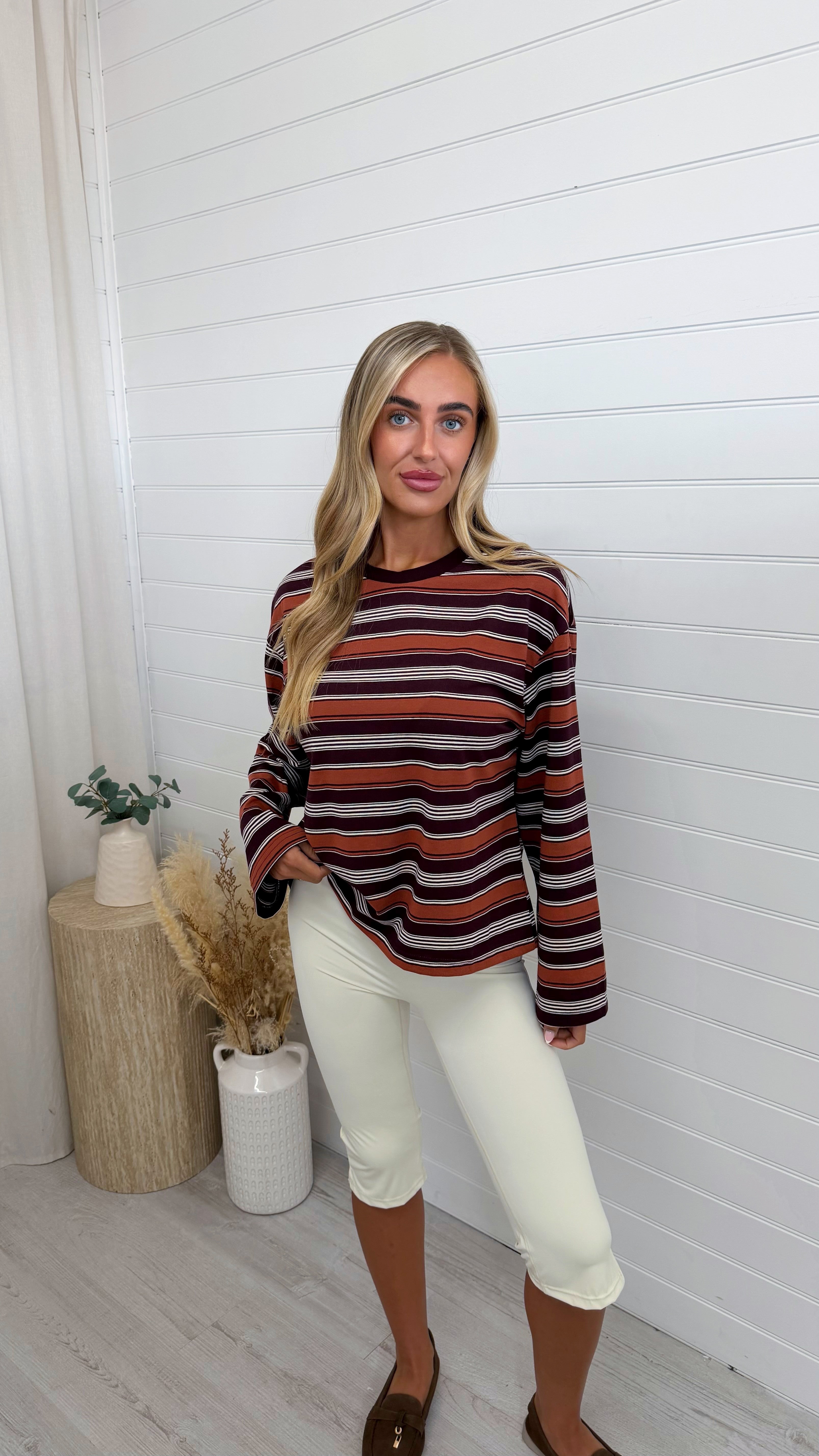 Relaxed Long Sleeve Stripe T-Shirt - BURNT ORANGE/BURGUNDY