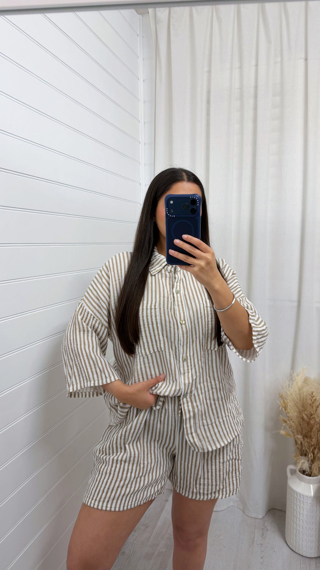 Cheesecloth Pinstripe Shirt and Shorts Co-Ord - BEIGE