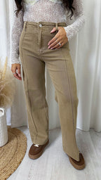 Seam Front Wide Leg Stretchy Jeans - BEIGE
