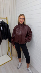 High Neck Puffed Leather Jacket - BURGUNDY