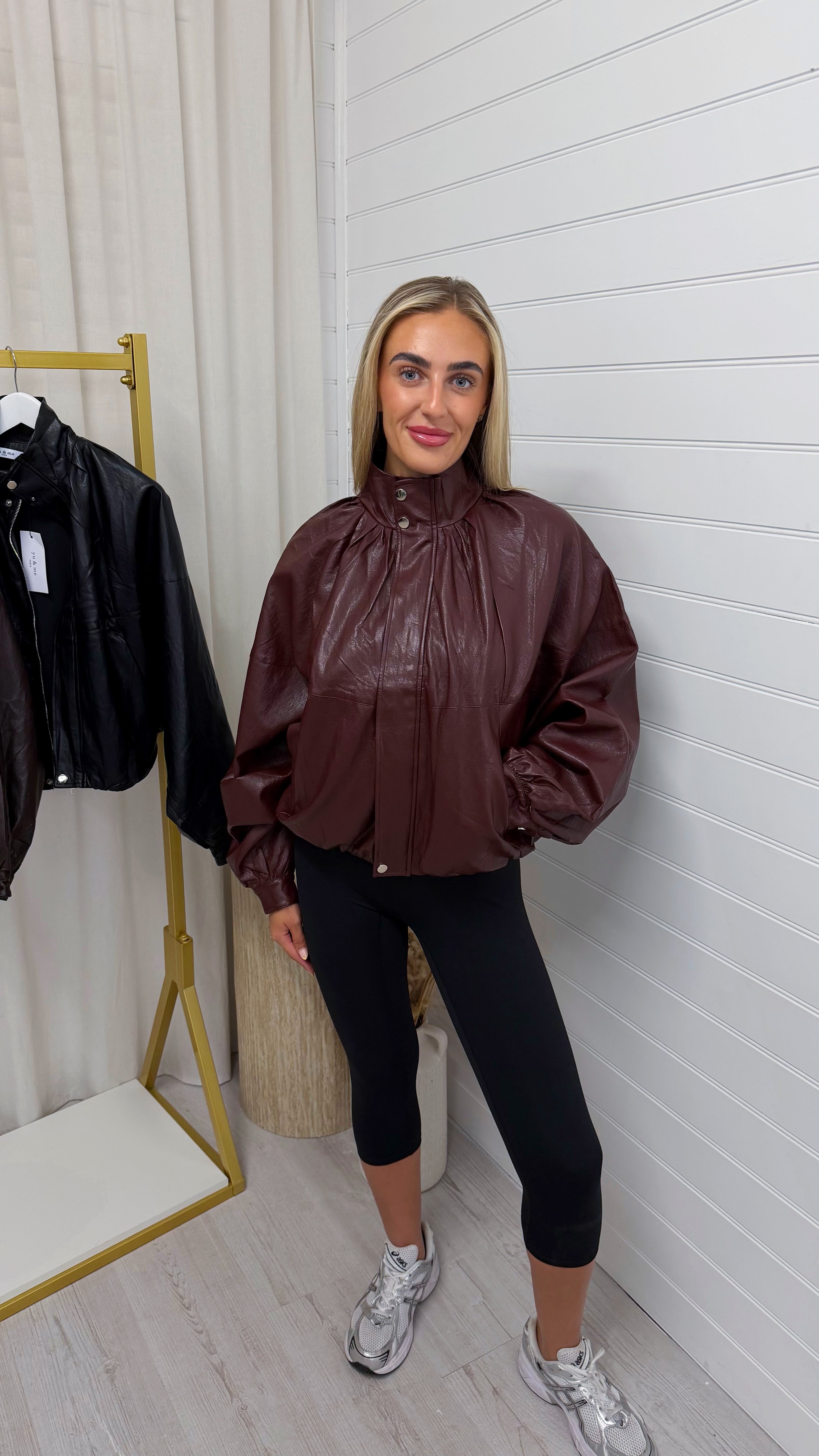 High Neck Puffed Leather Jacket - BURGUNDY