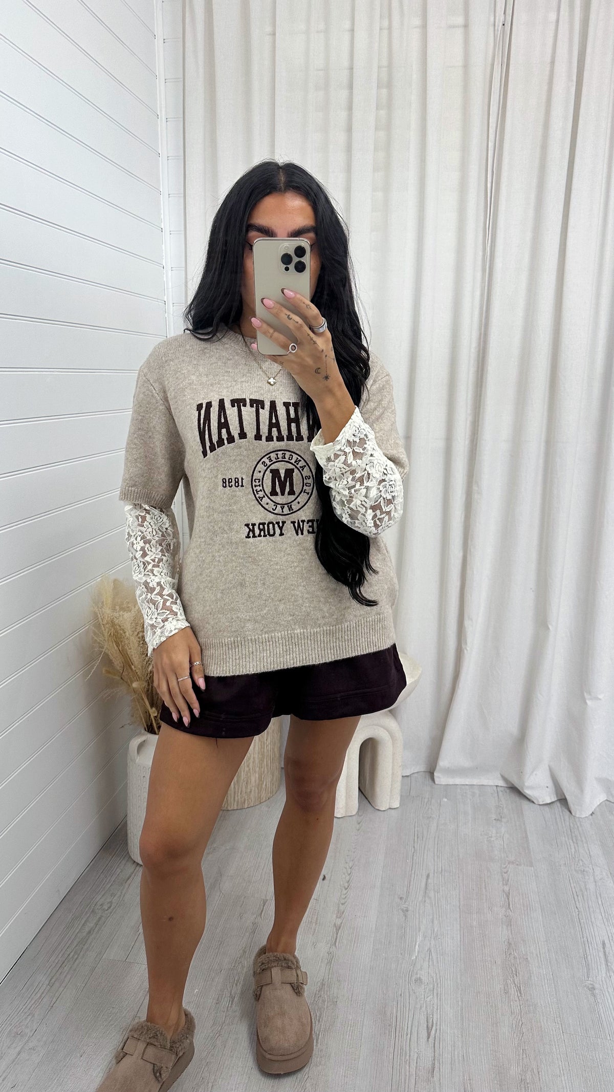 Lace Sleeve Manhattan Woollen Jumper - BEIGE