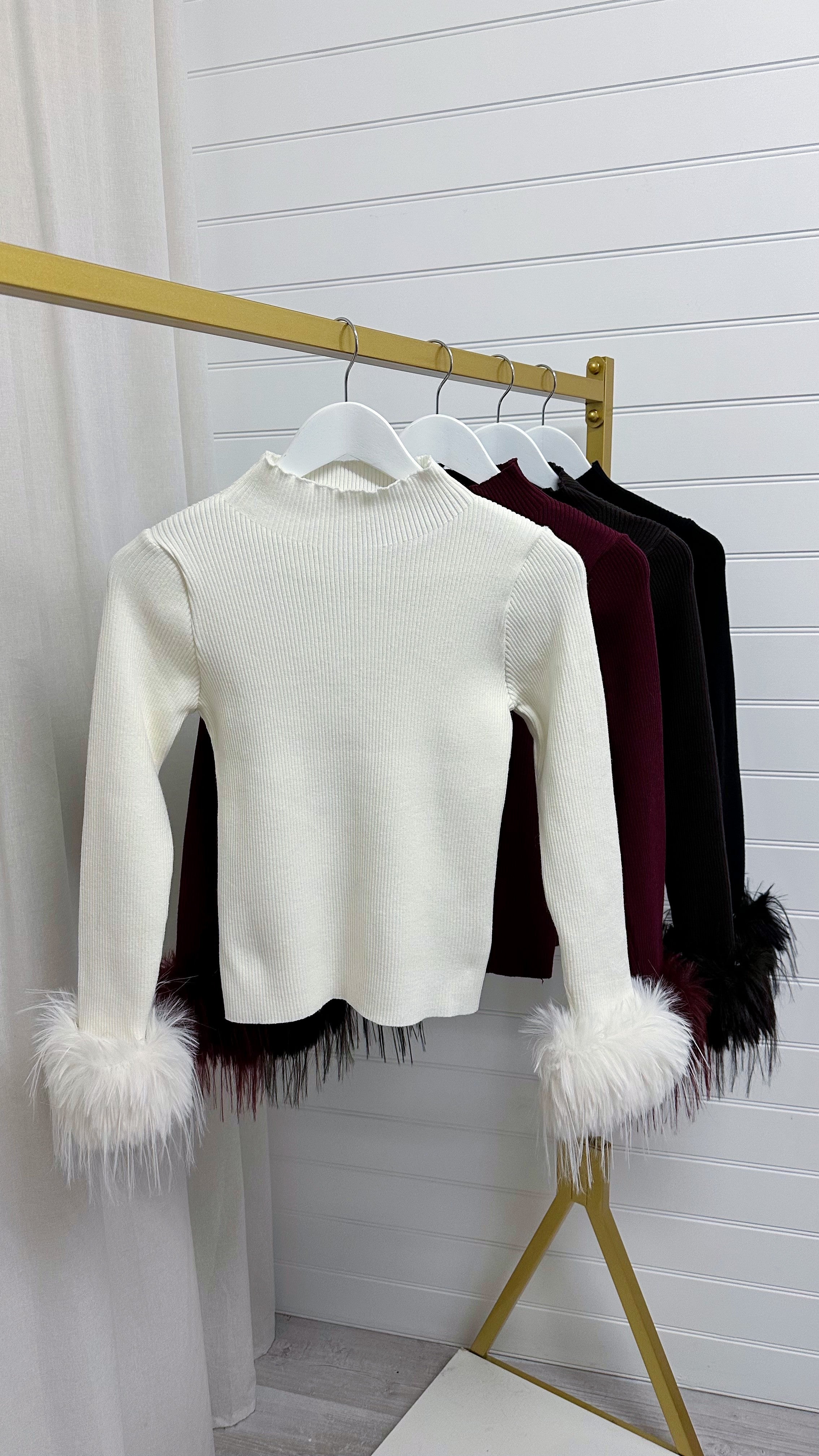 Ribbed Knit Feather Cuff Top *REMOVABLE CUFFS* - CREAM