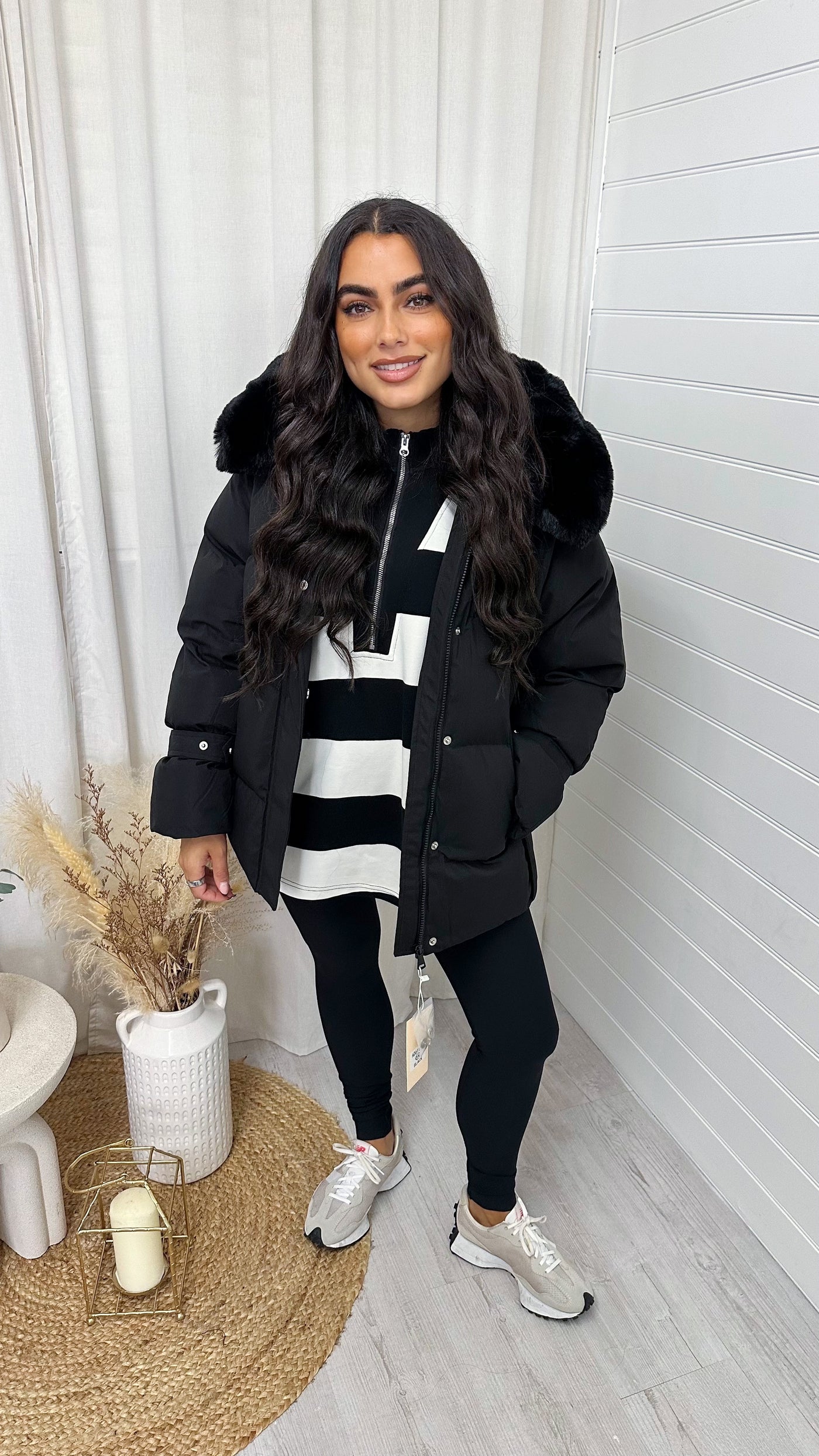 Faux Fur Hooded Puffer Coat - BLACK