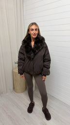 Faux Fur Collar Coat - BROWN