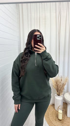 Plain Fleece Lined Half Zip Sweatshirt - KHAKI