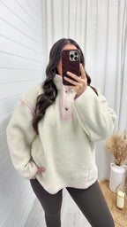 Borg Contrast Seam Sweatshirt - CREAM/PINK