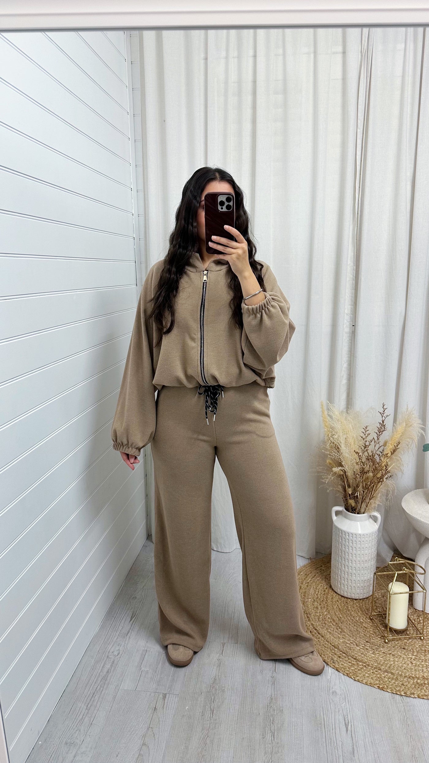 Shimmery Knitted  Bomber Jacket and Joggers Co-Ord - TAUPE