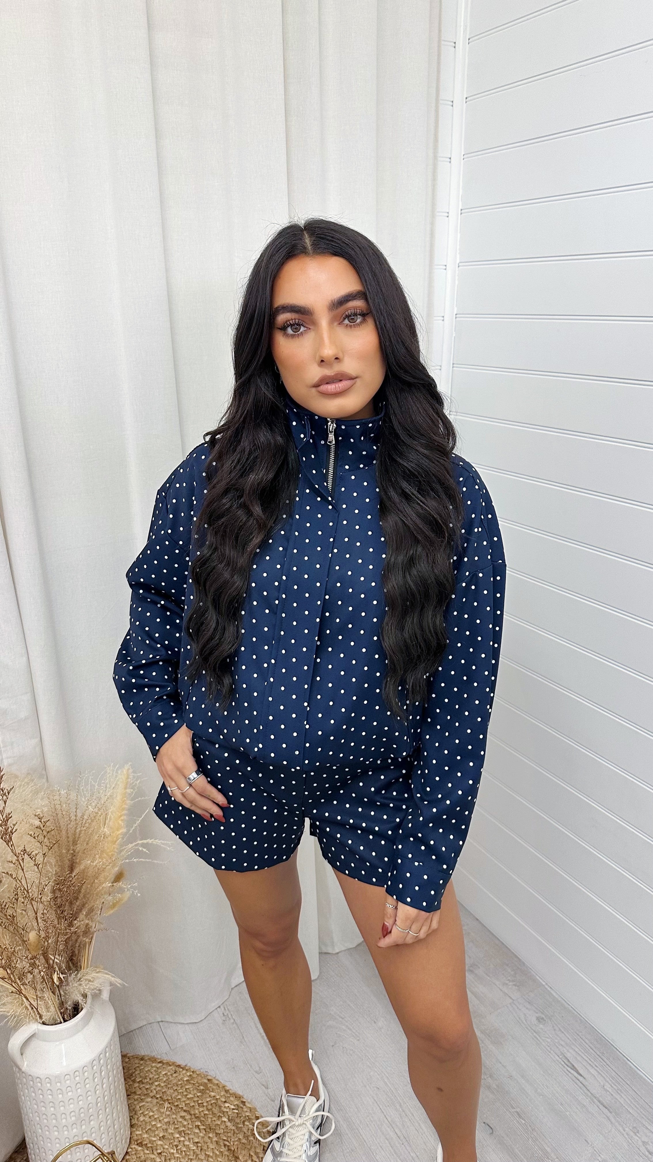 Polka Dot Bomber Jacket and Shorts Co-Ord - NAVY
