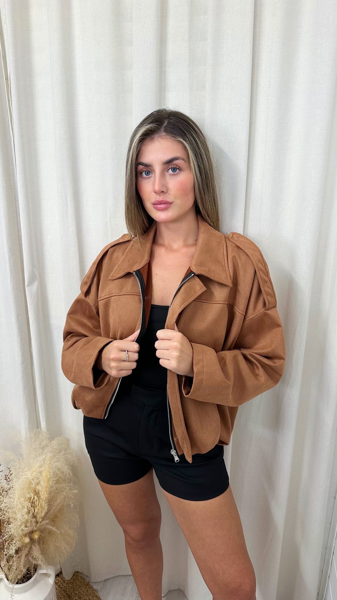 Suede Relaxed Fit Bomber Jacket - TAN