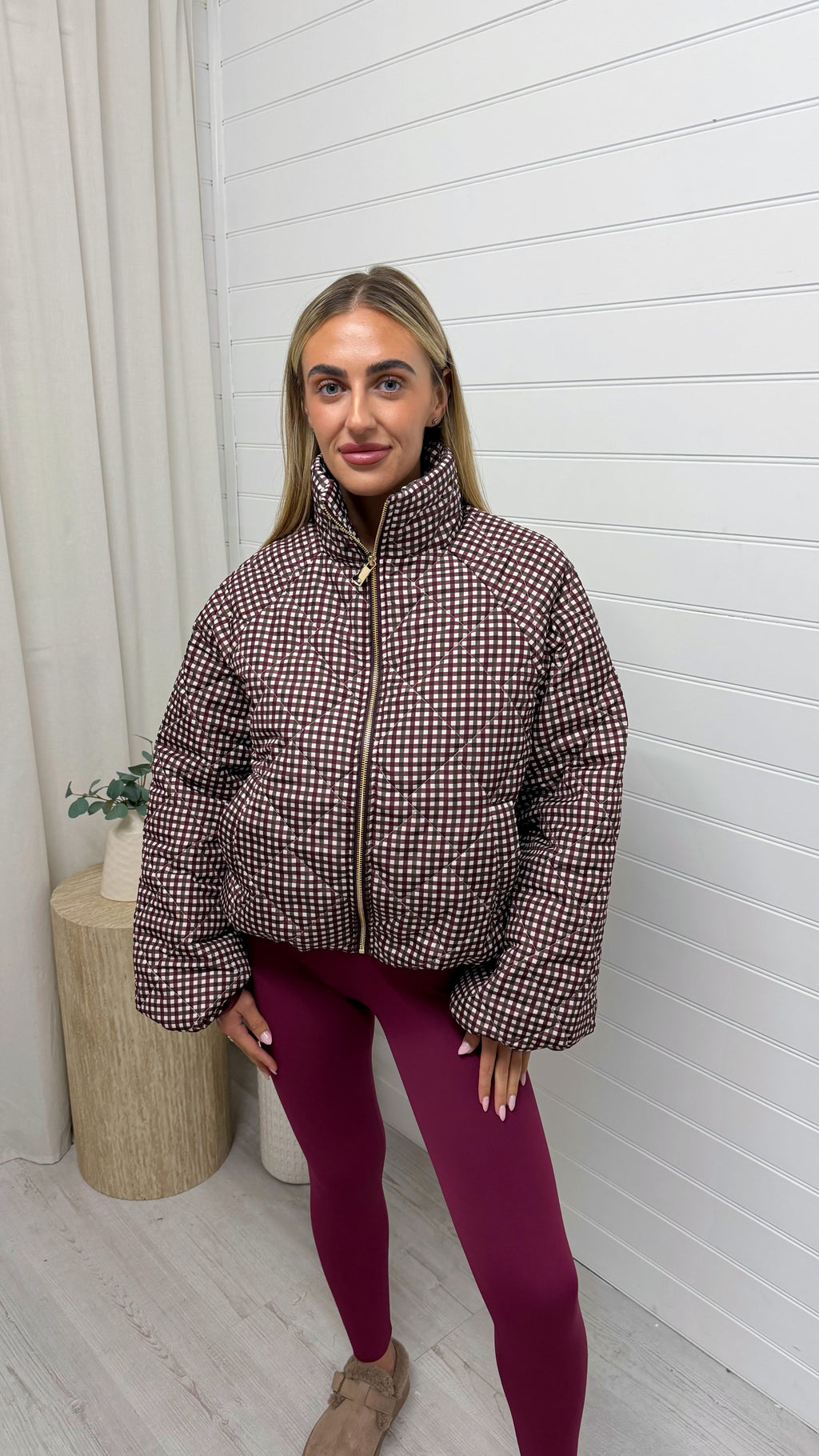 Quilted Gingham Bomber Jacket - BURGUNDY