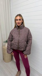 Quilted Gingham Bomber Jacket - BURGUNDY