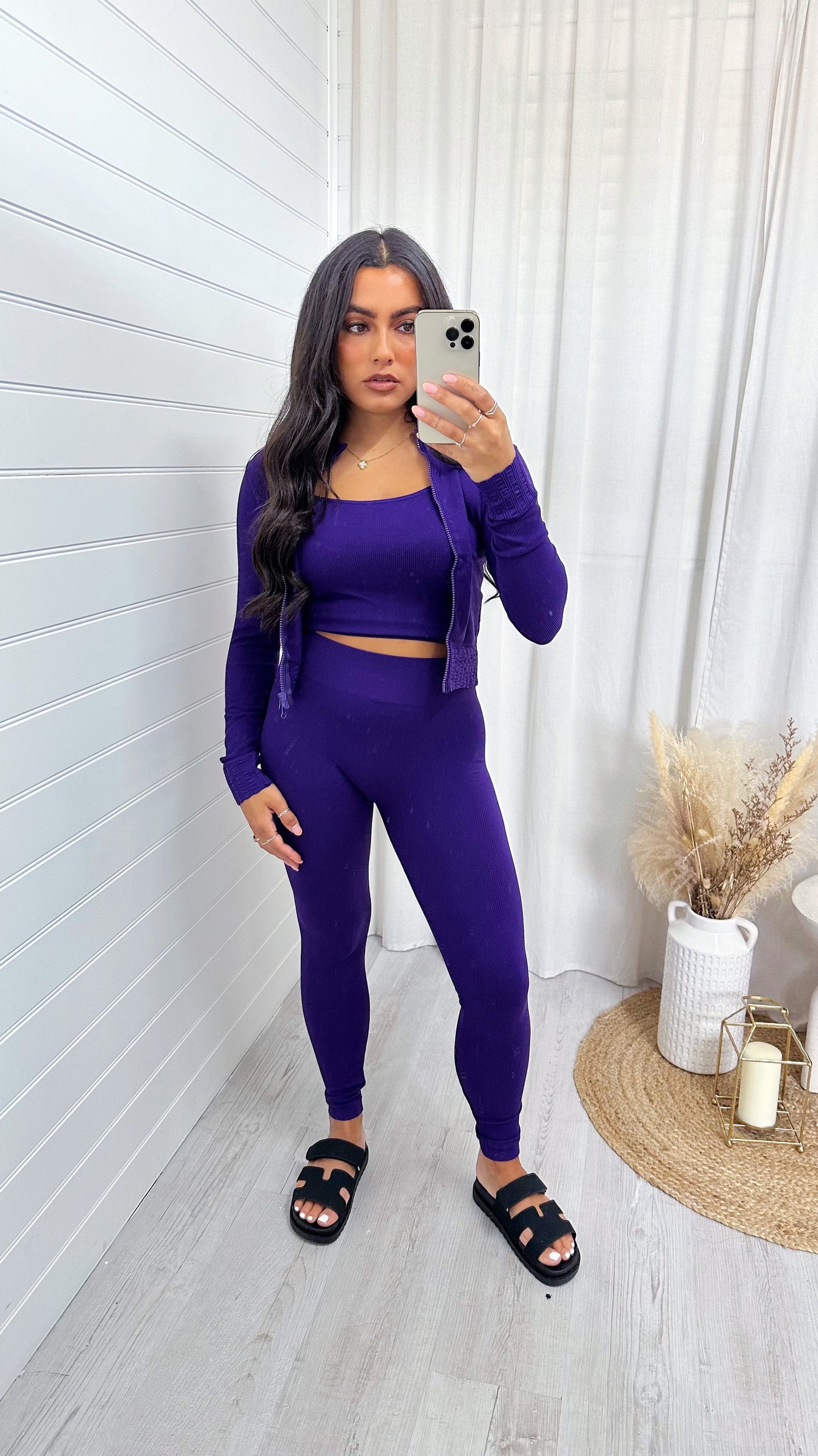 3 Piece Jacket, Crop Top and Leggings Active Set - PURPLE