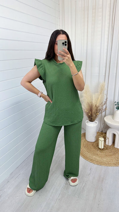 Cheesecloth Frill Shoulder Top and Trousers Co-Ord - OLIVE