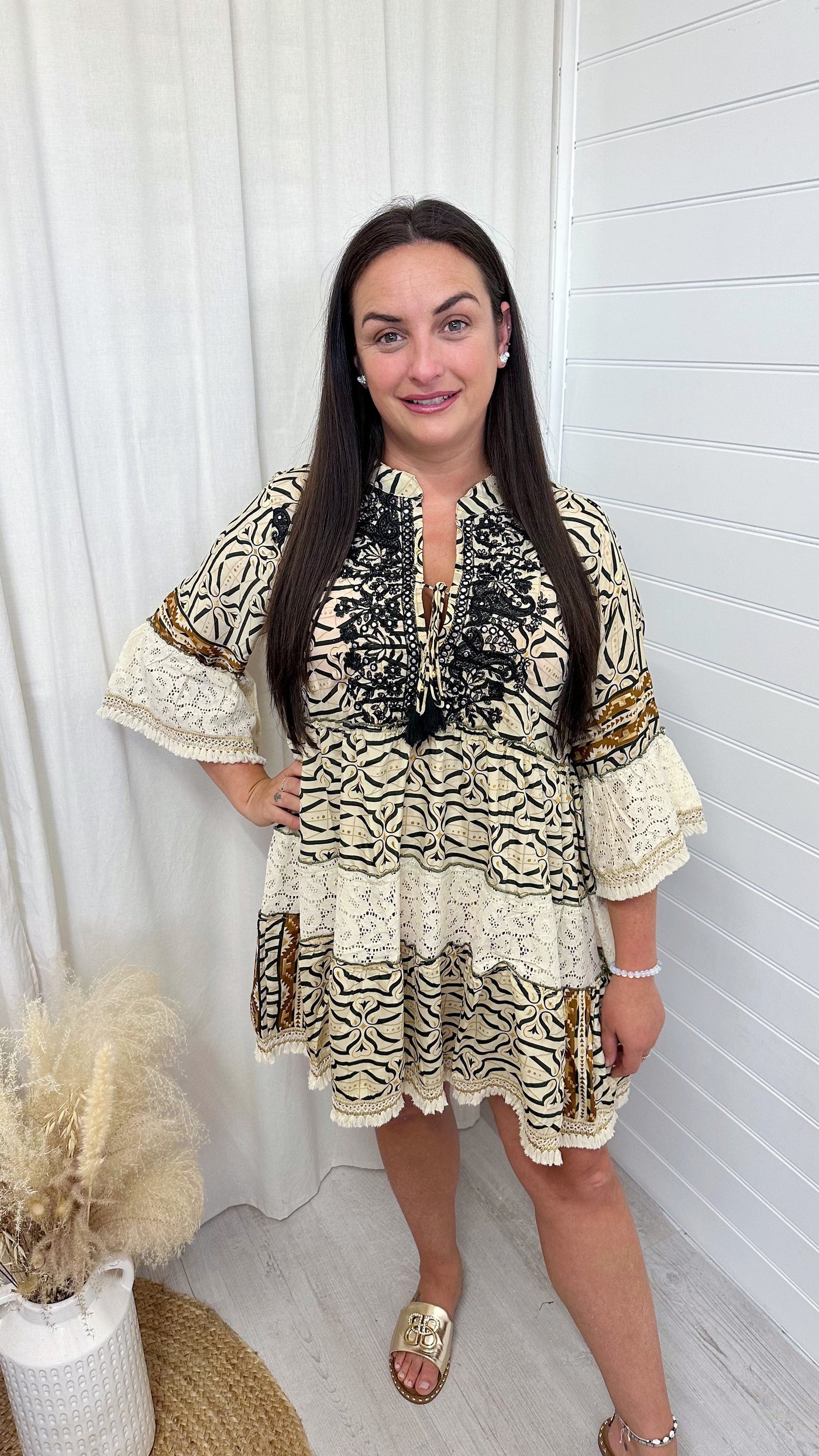 Sequin Boho Frill Hem Dress - BLACK