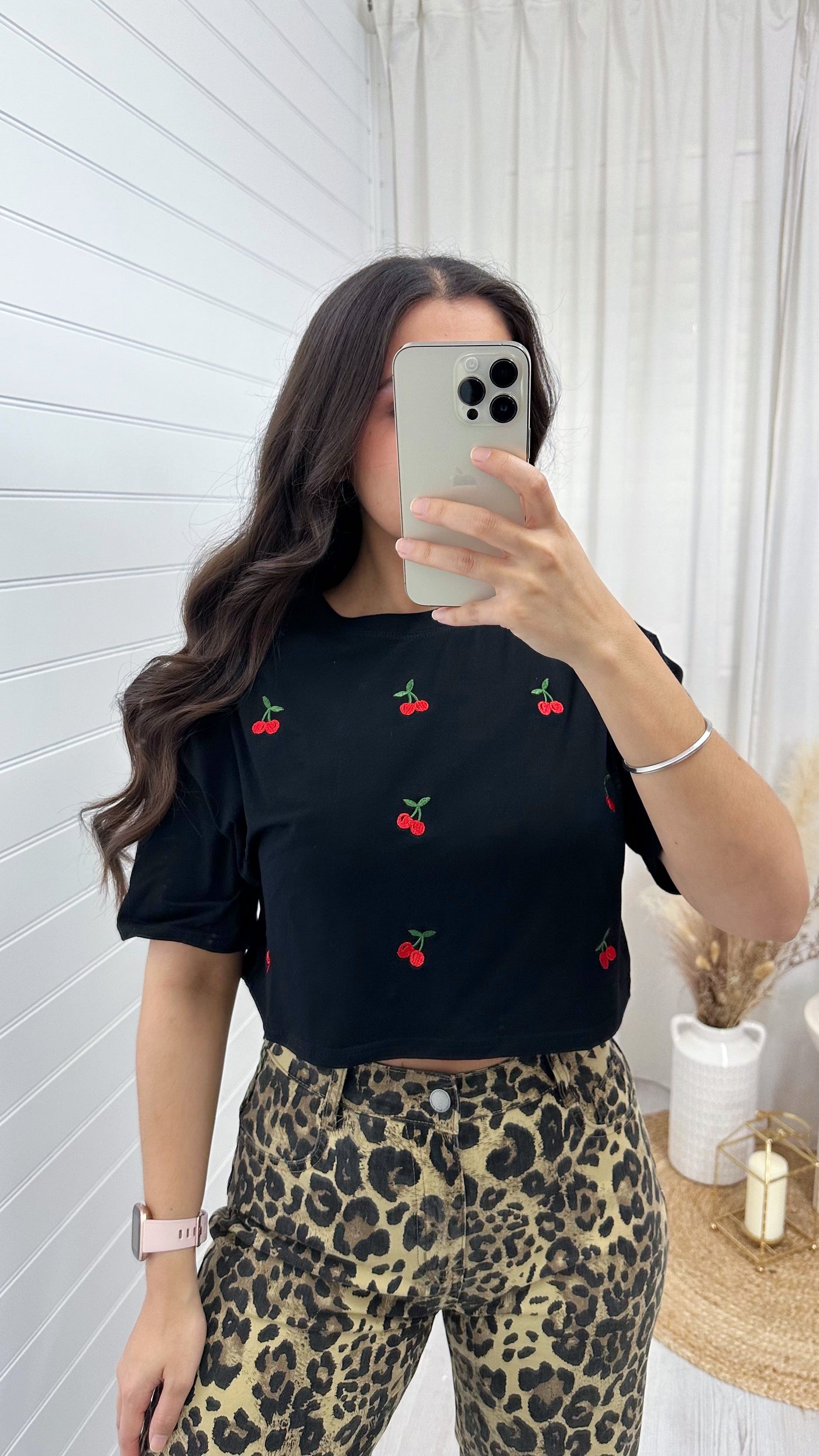 Embroidered Cherry Crop T-Shirt - BLACK