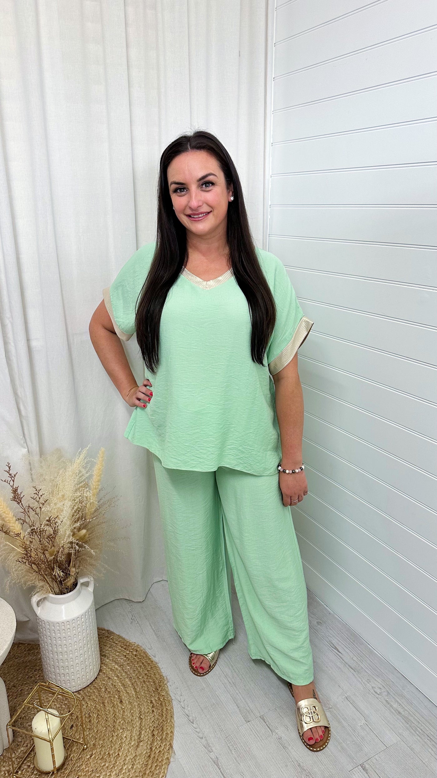 PLUS Gold Trim V Neck Top and Wide Leg Trousers Co-Ord - MINT