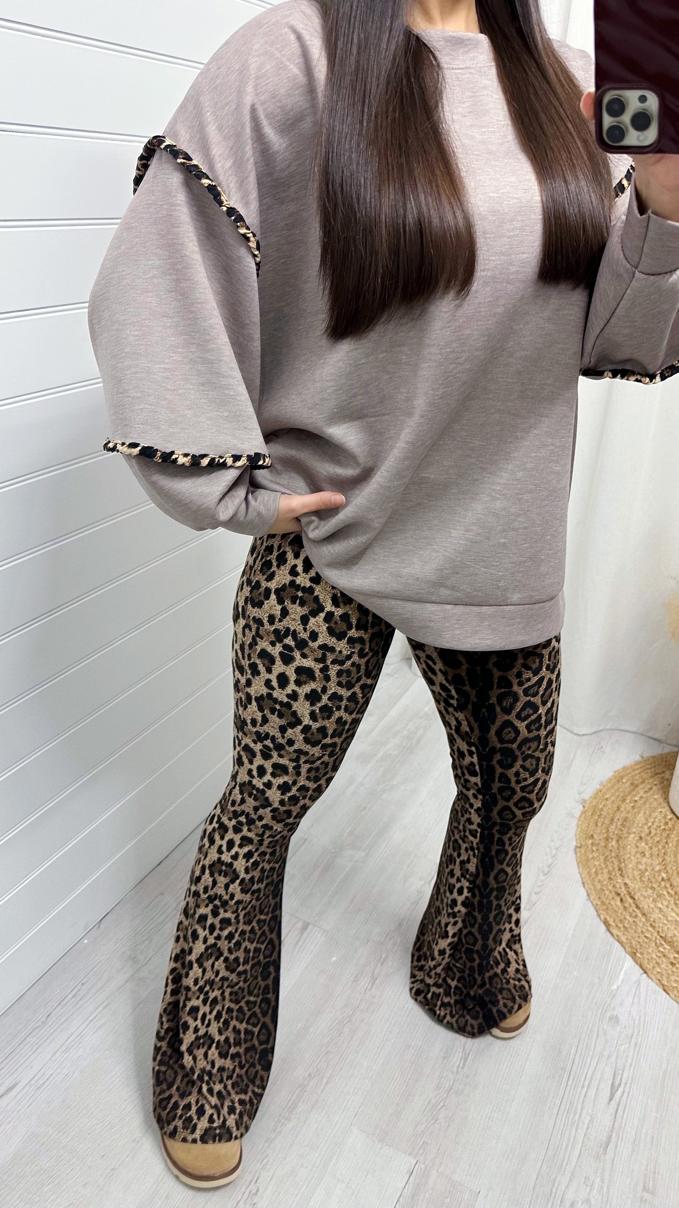 Leopard Trim Balloon Sleeve Sweatshirt - MOCHA MARL