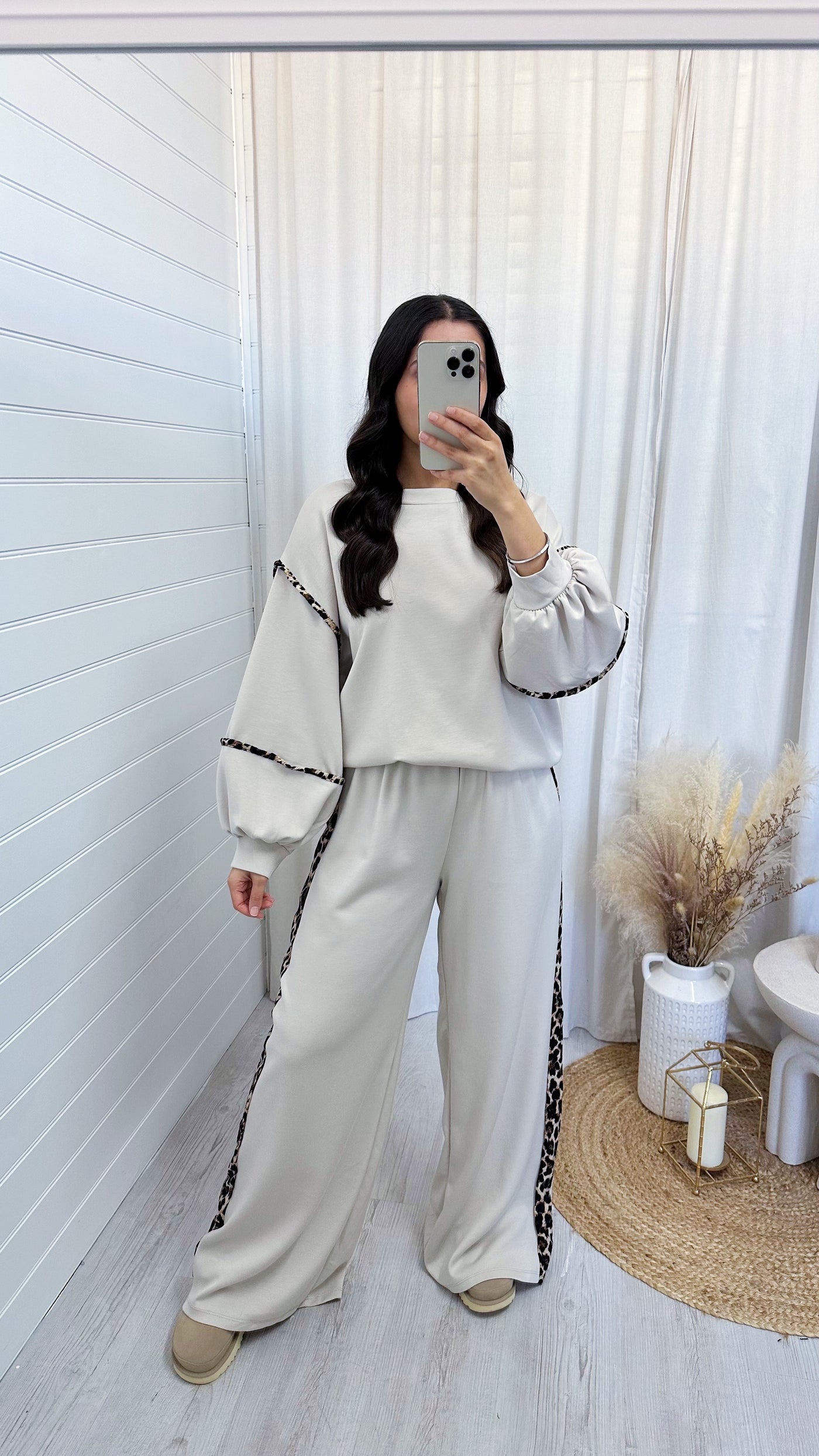 Balloon Sleeve Leopard Trim Sweatshirt and Wide Joggers Co-Ord - LIGHT BEIGE