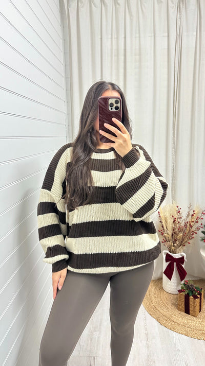 Chunky Knit Stripey Jumper - BROWN/CREAM