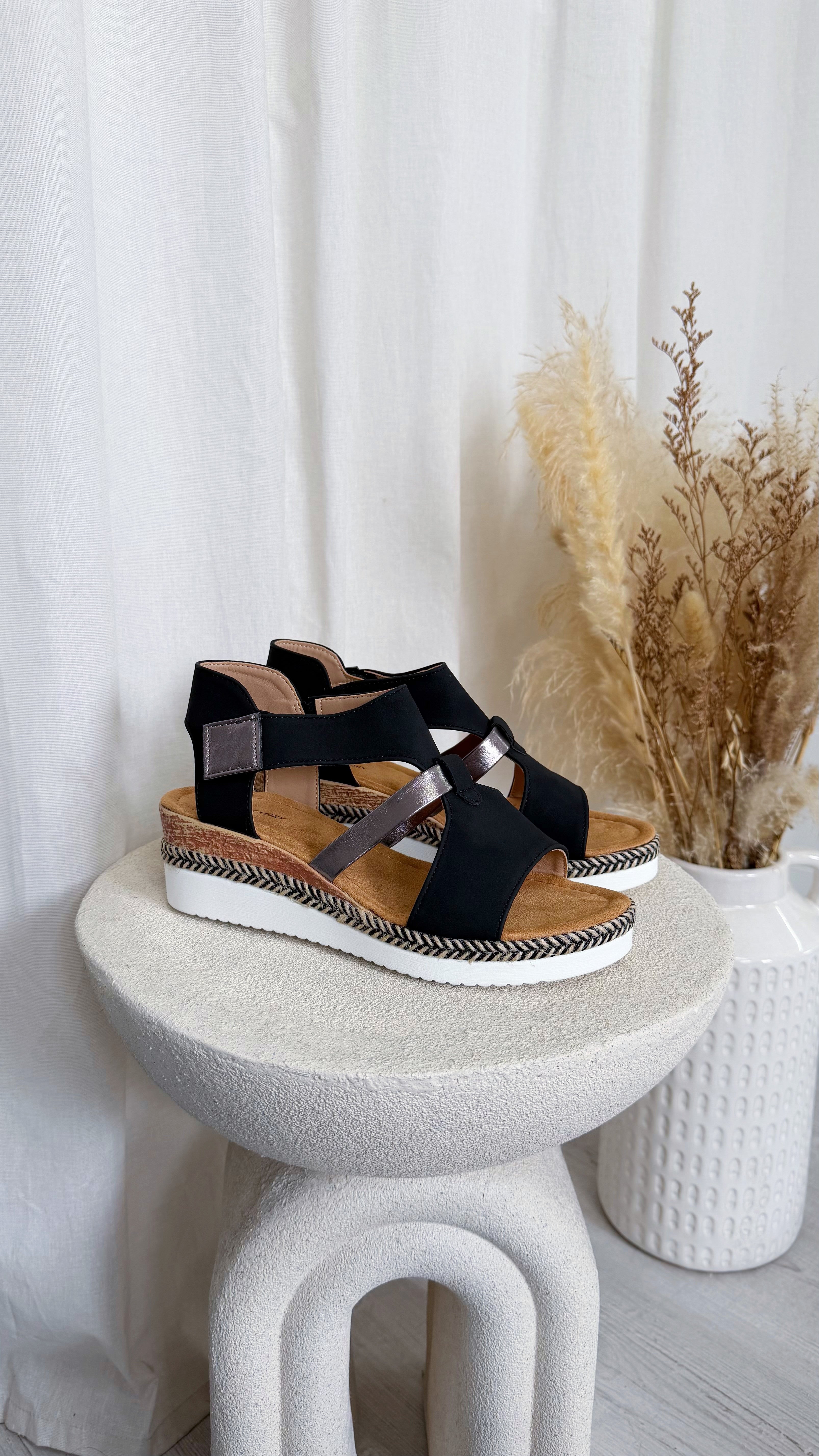 Suede Comfort Wedge Sandals - BLACK