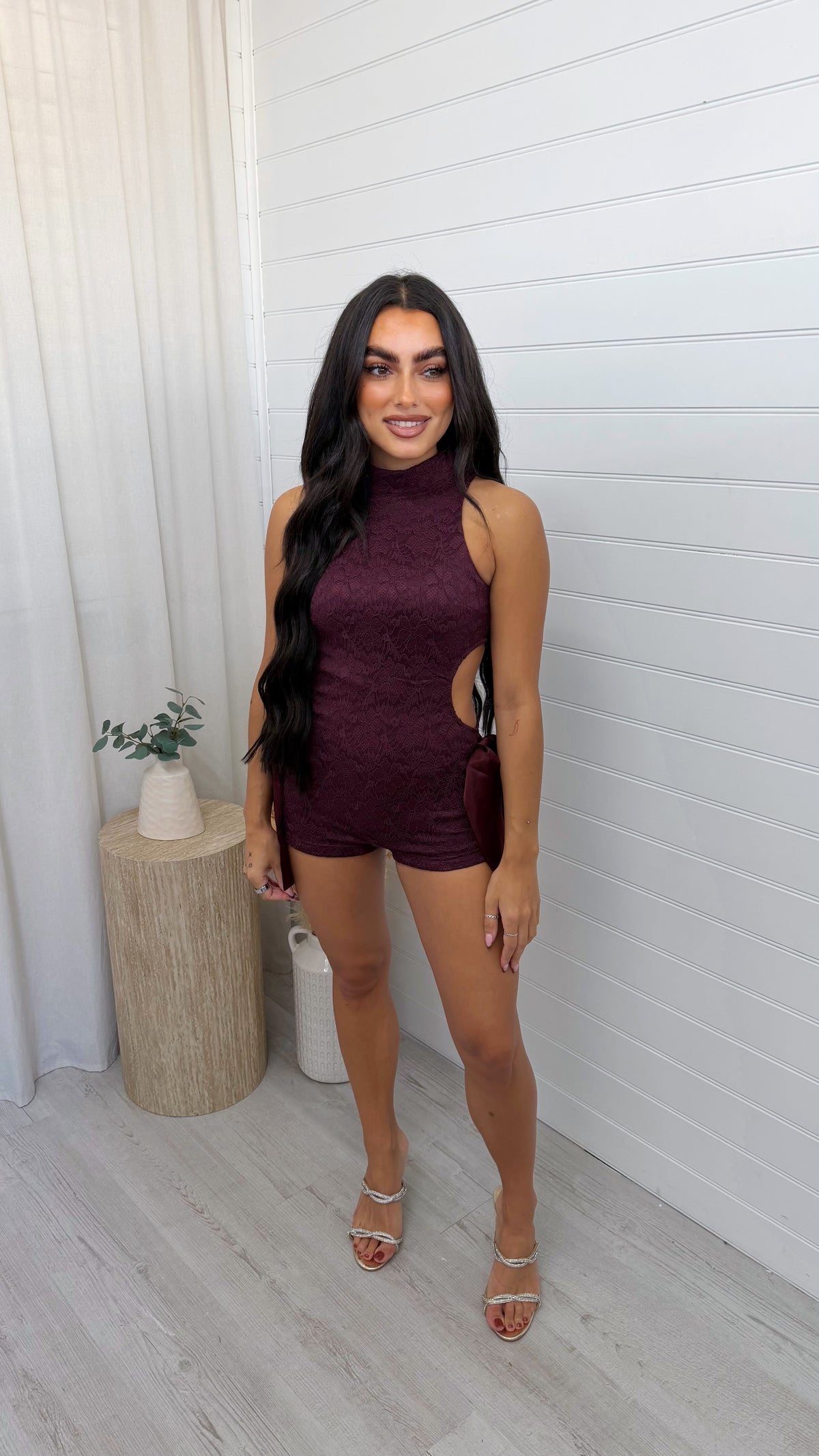 Cut Out Lace Playsuit - BURGUNDY