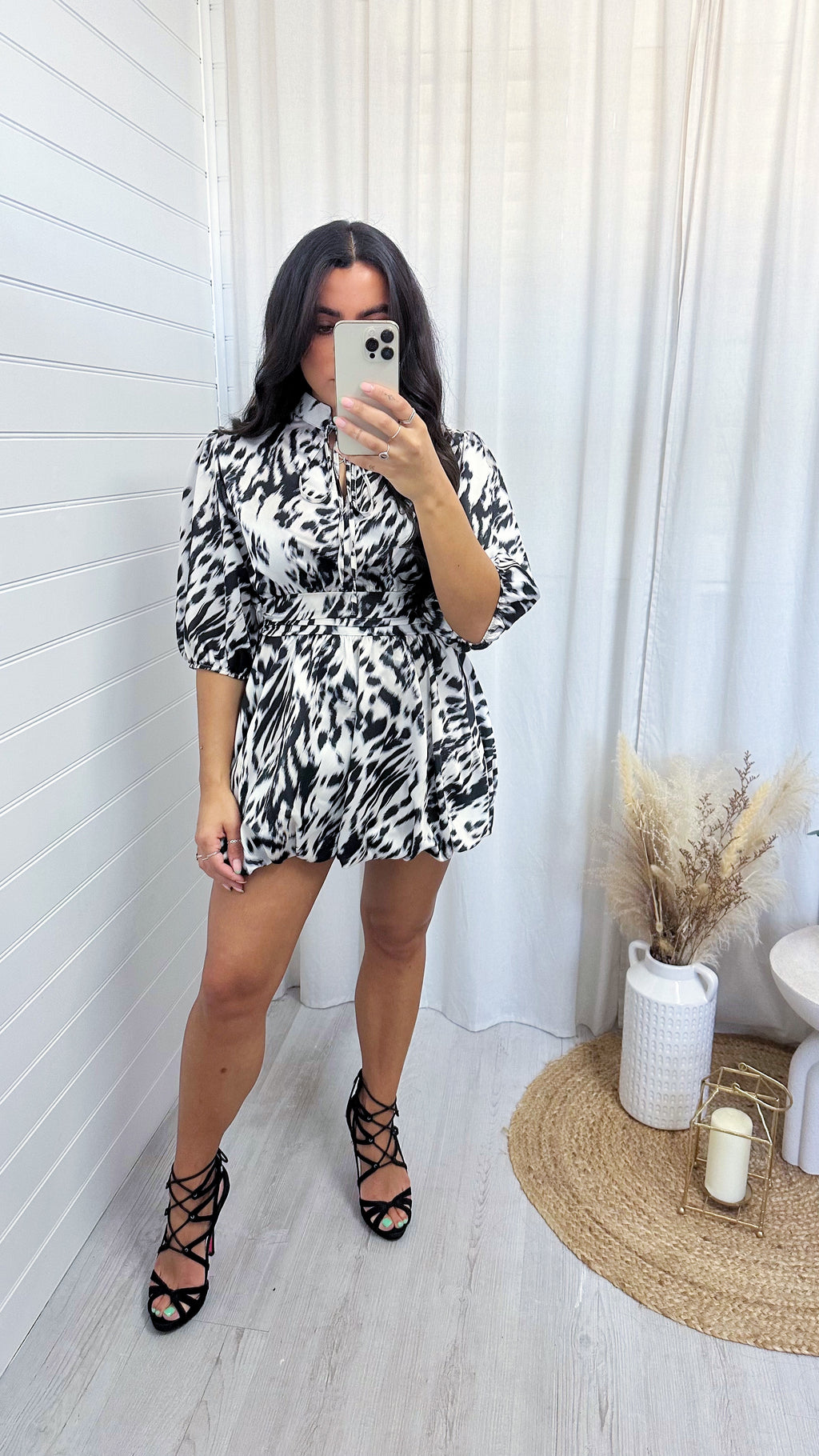 Animal Print Satin Puff Ball Dress - BLACK LEOPARD