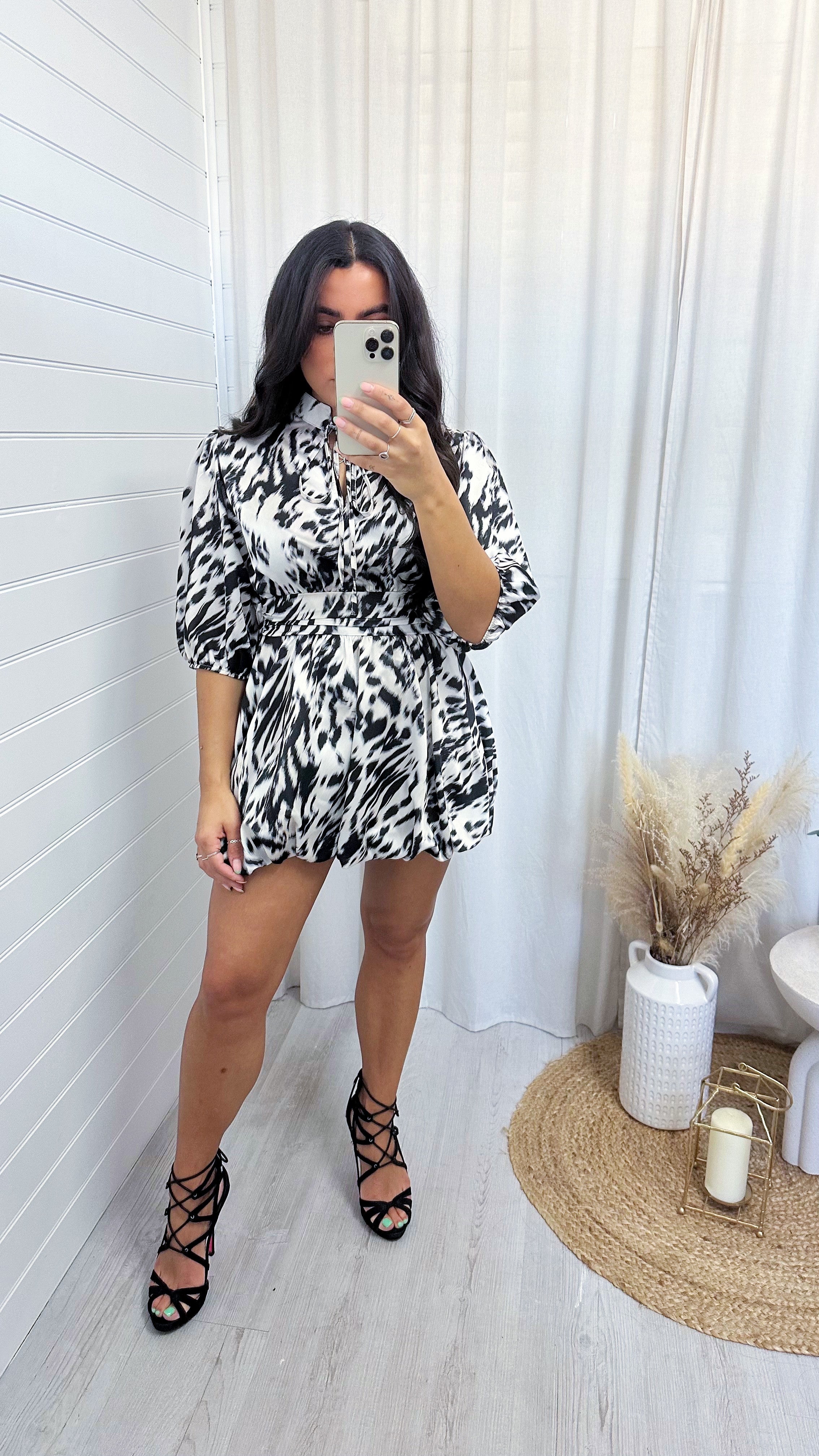 Animal Print Satin Puff Ball Dress - BLACK LEOPARD